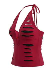 Rina Fox Áo tank top cổ yếm rách rưới năm 2026 cho mùa hè - Đỏ và đen - Xem 3