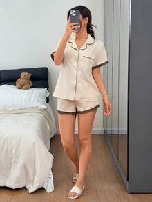 Napfluff Women's Casual Collared Lace Trim Solid Color Short Sleeve Shorts Set - Apricot - View 7