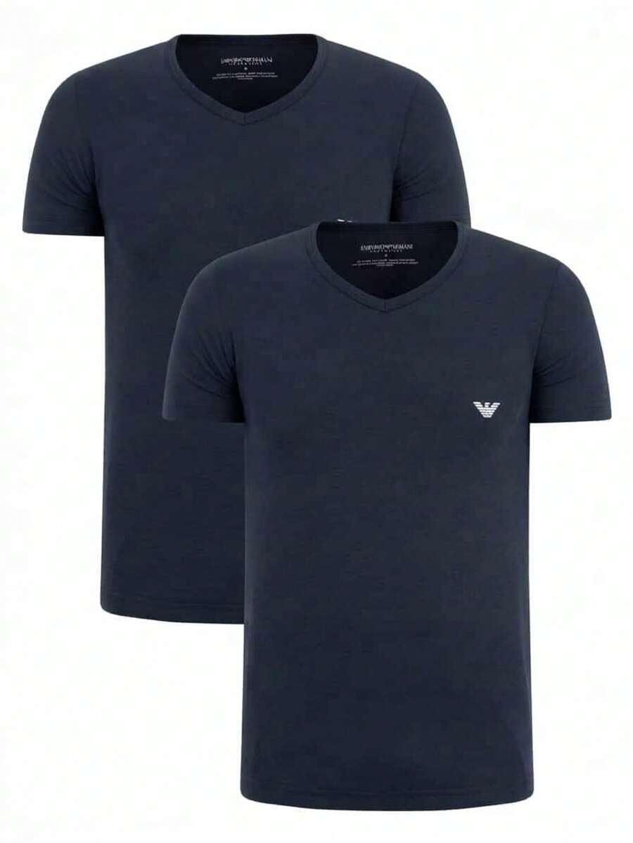 Armani 2 Pack Men's V Neck T-Shirts Black - Navy Blue/Navy Blue White Logo - View 1
