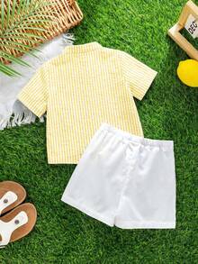 SHEIN 2pcs/Set Baby Boy Comfortable Casual Versatile Yellow Striped Collared Short Sleeve Shirt And White Shorts Set, Suitable For Indoor, Outdoor, Daily, Sports, Play, Party, Photo Shoot, Holiday, Festival - Yellow - View 2