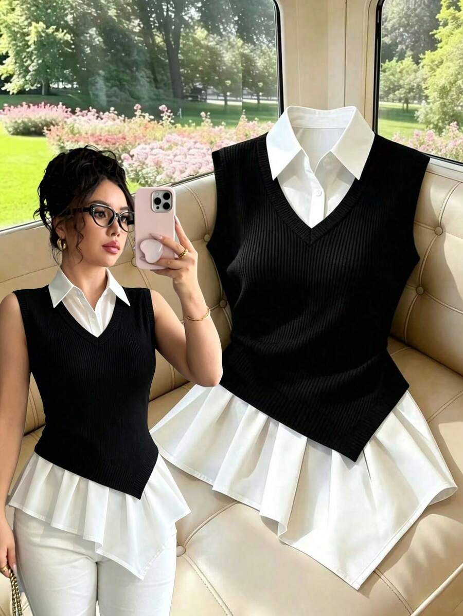 GlowEve CURVE 女士优雅休闲度假通勤针织弹力黑白撞色无袖衬衫领不对称下摆上衣,优雅女士背心,夏季女士背心,夏季套装,沙滩套装,沙滩背心,外套上衣,女士度假套装,度假背心,女士休闲背心 - 黑與白 - 查看 1