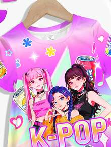 SHEIN Baby Girls Purple Summer Y2k Birthday Cartoon Girl Short Sleeve Dress,K-Pop Superstars Gradient Pattern Round Neck Casual Loose Dress,Korean Style - Multicolor - View 3