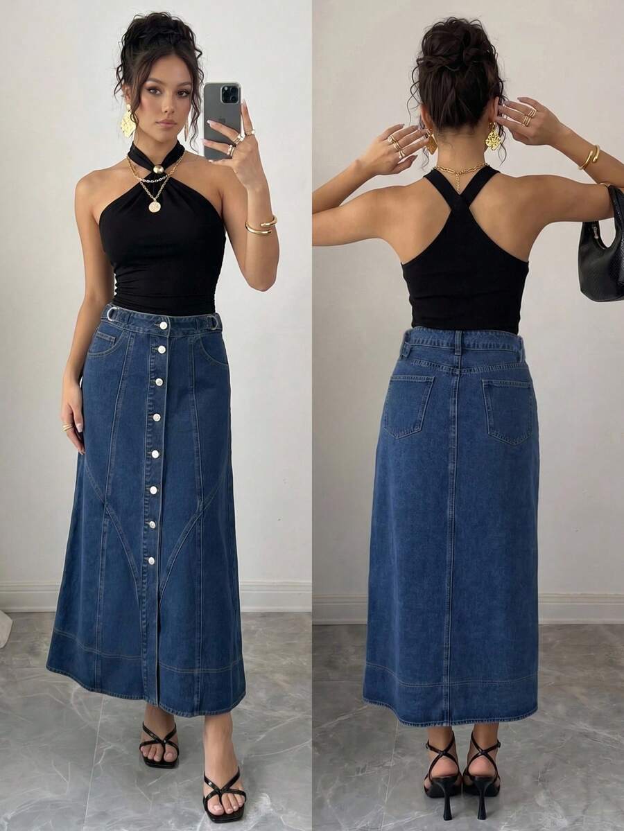 SHEIN Elenzya 女士单排扣口袋休闲/工作牛仔裙 - 深色水洗藍 - 查看 1