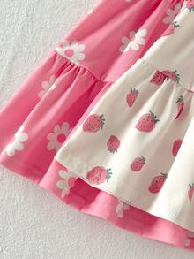 Cozy Pixies 2pcs Baby Girl Floral Print Knit Soft Round Neck Short Sleeve Cinched Waist Dress Set - Pink - View 6