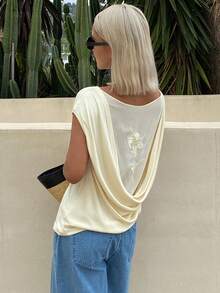 DAZY Women's Elegant Floral Embroidered Mesh Back Summer Vacation T-Shirt - Apricot - View 1