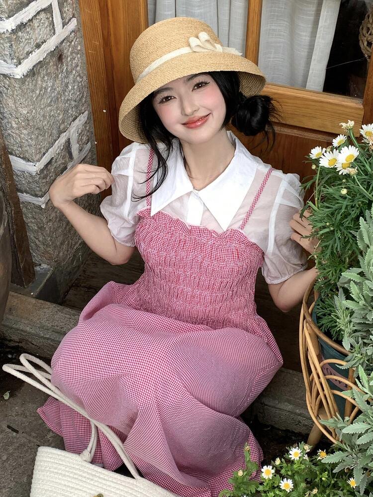 Women's Solid Color Casual Shirt And Plaid Maxi Skirt 2-Piece Set, Korean Style