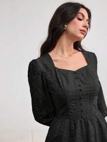 Modelyn 女款長版刺繡泡泡袖洋裝，優雅浪漫，淺黃色，春夏款 - 黑色 - 查看 4