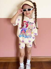 2pcs Young Girl Casual Minimalist Short Sleeve Top And Shorts Set, Suitable For Summer - Multicolor - View 4