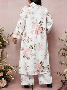 SHEIN Lady 大码女式印花单排扣长款上衣和裤子休闲两件套 - 彩色 - 查看 2