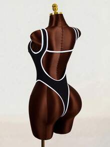 Swim SXY 1pc Women's Sexy Solid Color Deep V-Neck Backless High-Cut One-Piece Swimsuit - Black - View 7