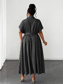 Maweii Plus Size Women Summer Bowknot Decor Pink & White Striped Dress - Black and White - View 2