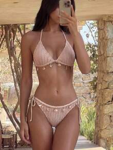 Swim Vcay Spring/Summer Knit Jacquard Triangle Wireless Bralette Top With Shell Decor & Side Tie Swim Bottoms Women Beach Vacation Bikini Set Set - Apricot - View 3