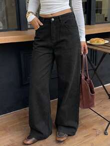 Siren Gaze Women's Solid Color Slant Pocket Casual Straight Leg Jeans Everyday Black Summer - Black - View 3