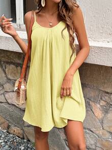 SHEIN Frenchy Women's Solid Color Cotton Muscle Spaghetti Straps Summer Holiday Style Dress, Tank Dress, Summer Women's Clothing, Cotton Women's Clothing,Dresses For Women Summer - Yellow - View 4
