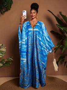 Maweii Plus-Size Women's V-Neck, Large Batwing Sleeve, Blue Floral Print, Loose-Fitting Maxi Dress With A Full Skirt; Suitable For Summer, Vacation, And Casual Wear. - Blue - View 3