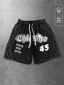 ROMWE MEN Street Life Quần short nam in chữ, túi xéo, eo dây rút, kiểu dáng thường ngày. - màu đen - Xem 5