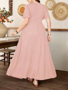 Modelyn Plus Size Women Ruffle Hem A-Line Dress, Minimalist Elegant Short Sleeve - Pink - View 2