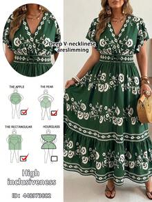 Ceyna Plus-Size Women's Summer Bohemian Business Casual Light Green Dress, Deep V-Neck With Ruffled Sleeves, Waist-Cinching A-Line Long Dress, Vacation - Multicolor - View 1
