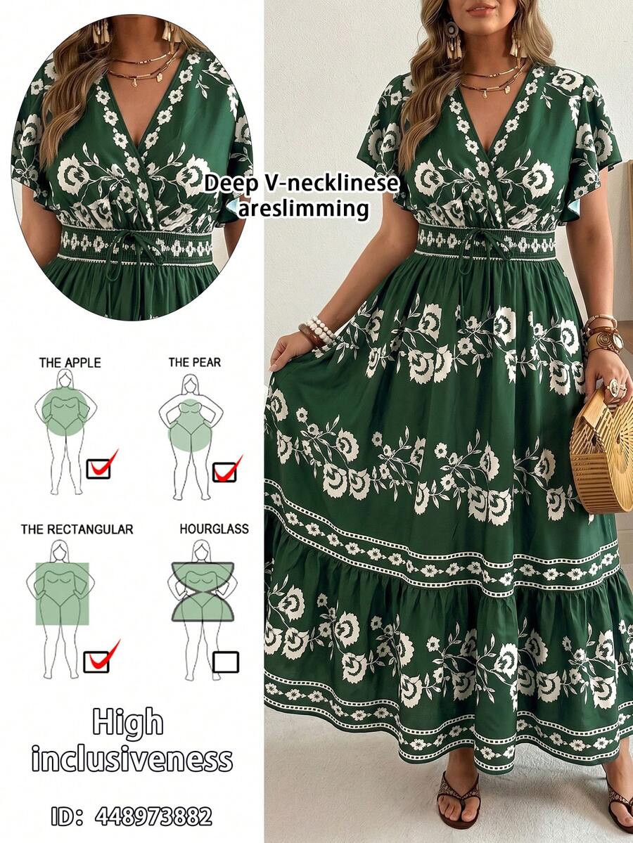 Ceyna Plus-Size Women's Summer Bohemian Business Casual Light Green Dress, Deep V-Neck With Ruffled Sleeves, Waist-Cinching A-Line Long Dress, Vacation - Multicolor - View 1