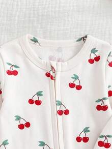 Cozy Pixies Bộ áo liền quần dài tay cổ tròn mềm mại họa tiết quả anh đào cho bé gái sơ sinh, kèm quần. - Nhiều màu - Xem 3