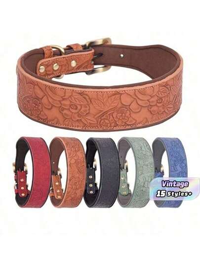 Embossed Leather Pet Collar, Soft Spandex Lining, Vintage Style Dog Collar Suitable For Medium & Large Dogs