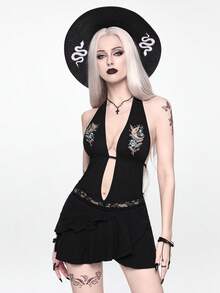 ROMWE Goth 春夏哥特风露背镂空刺绣度假迷你连衣裙，性感植物眼设计 - 黑色 - 查看 1
