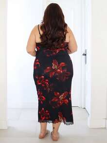 Pretty and Ole Plus Size Summer Vintage Black Placement Burgundy Floral Elegant Mesh Strap Dress, Vacation Outfit.. Plus Size Dresses Summer. Resort Dresses For Women,Beach Dress Sundress,Holiday Outfits Boho/Elegant Plus Size Floral Print Spaghetti Strap Long Dress For Women.Summer Outfits, Valentine's Day Outfits Party - Multicolor - View 2
