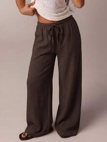 SHEIN Tall CURVE Quần dài nữ cỡ lớn màu trơn, cạp chun, kiểu dáng thường ngày, đa năng. - màu nâu - Xem 3