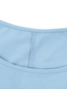 SHEIN LUNE CURVE 女士条纹印花圆领短袖休闲外出上衣，夏季度假图案T恤 - 藍色 - 查看 4