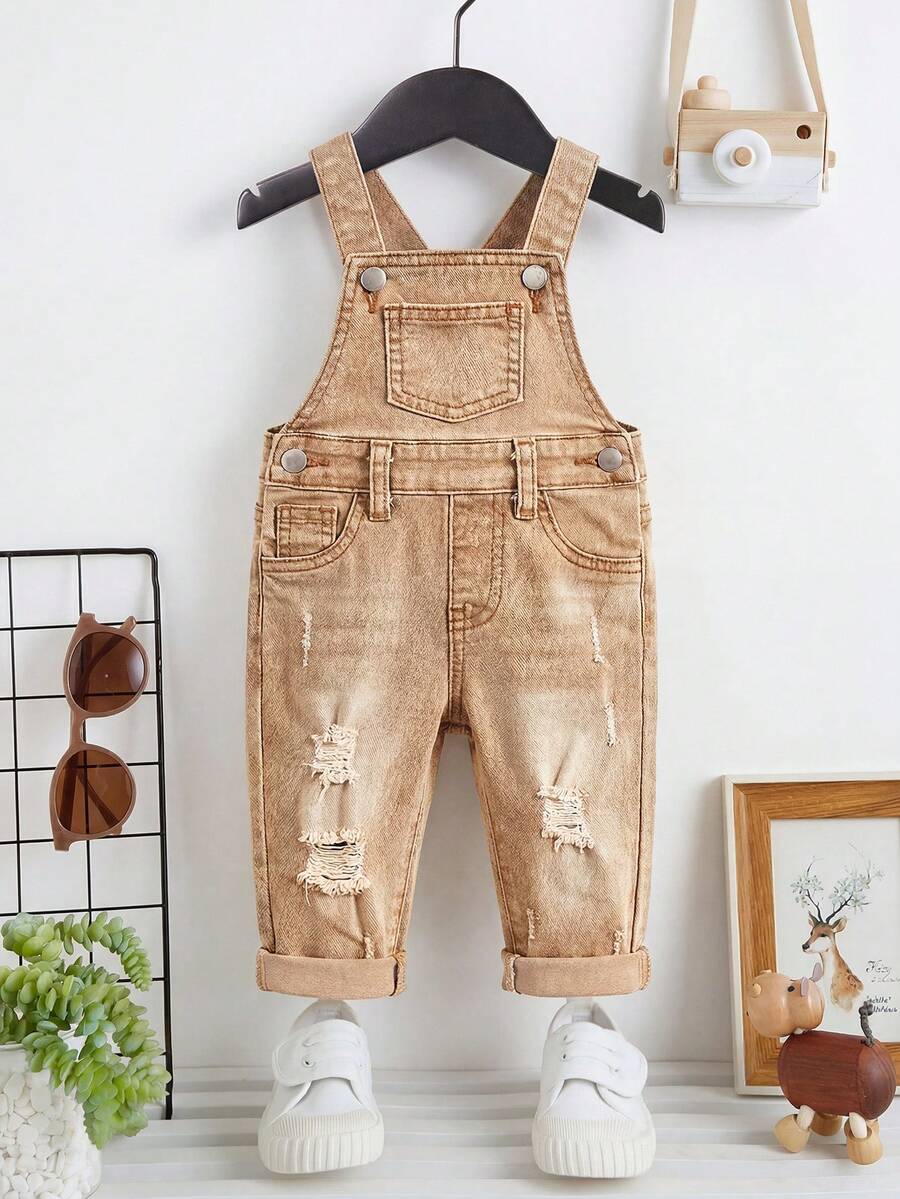 SHEIN 幼儿/男婴休闲做旧复古水洗破洞高弹修身蓝色牛仔背带连体裤，休闲百搭，适合宝宝秋冬户外穿着 - 卡其色 - 查看 1