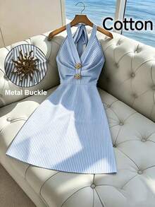 SHEIN Franclia 女士蓝色金属纽扣系带蓝白条纹棉质连衣裙 - 藍白色 - 查看 7