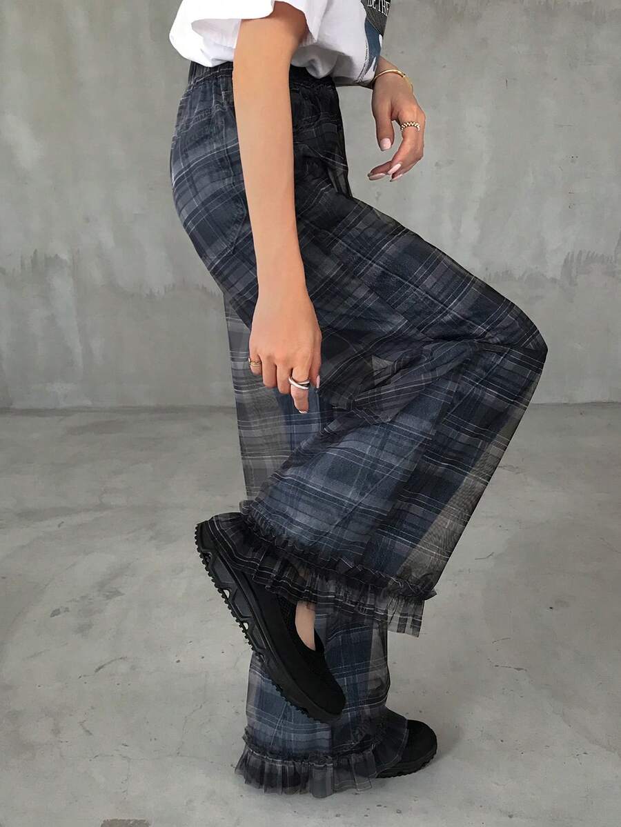 FRIFUL Women's Elastic Waist Plaid Mesh Patchwork Wide Leg Pants - Multicolor - View 1