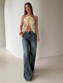 Aloruh Women's Spring/Summer Vacation Beaded Embroidered 3D Floral Slit Tassel Hem Halter Backless Camisole,Summer Top - Apricot - View 5