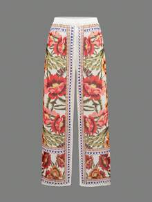 Swim Oasis Women's Deep V-Neck Vintage Printed One-Piece Swimsuit & Wide Leg Pants 2pcs Set - White - View 5
