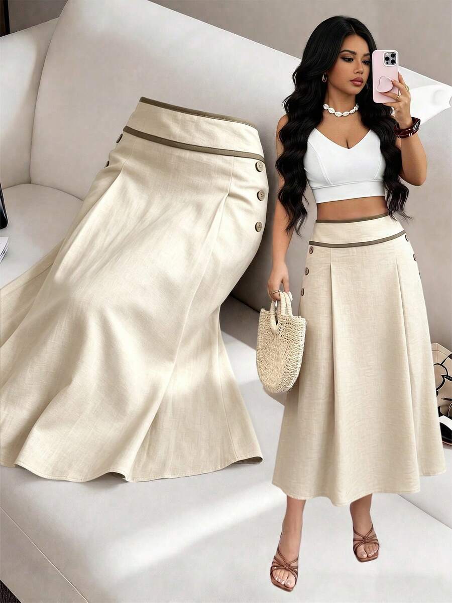 Elenzga Women's Apricot High Waist Slimming A-Line Skirt With Side Buttons, Elegant Office Wear For Spring/Summer - Apricot - View 1