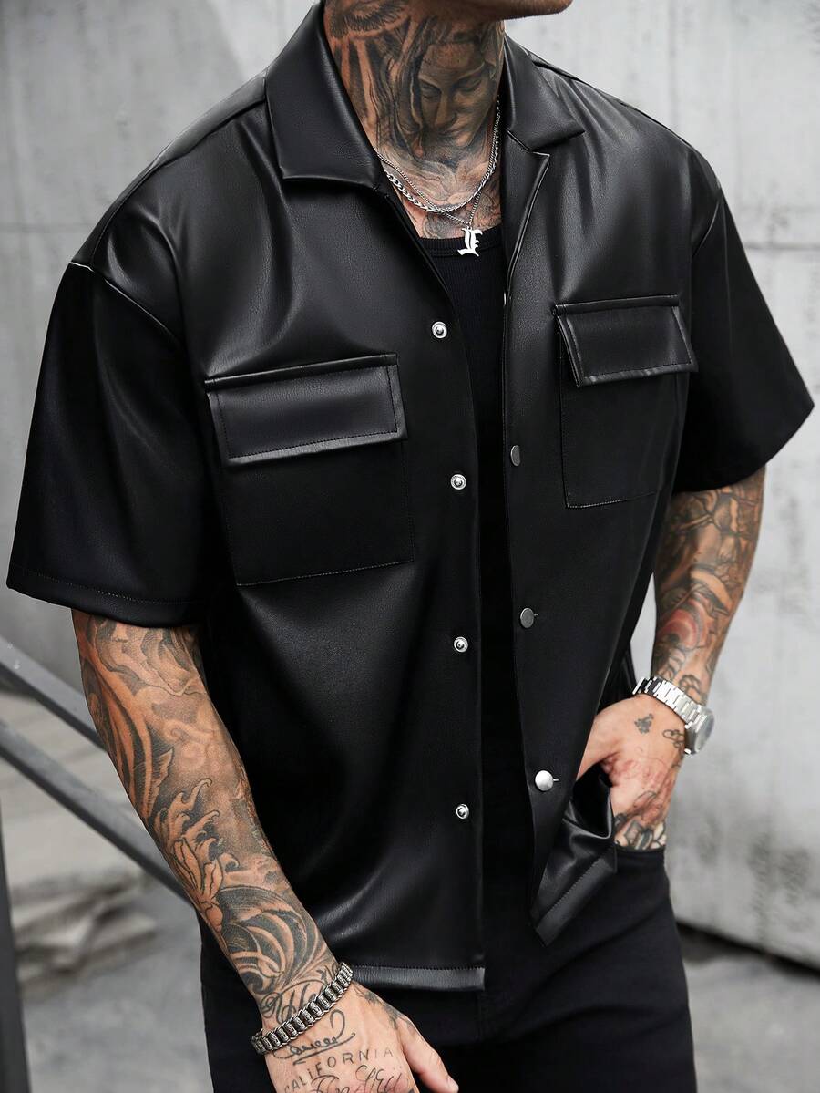 SLATEMANN Men's Summer Casual Fashion Street PU Leather Short Sleeve Flap Pocket Cargo Shirt - Black - View 1
