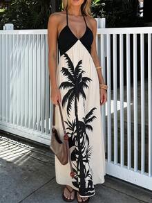 Aloruh Women's Summer Boho Tropical Maxi Dress,Palm Tree Print Halter Neck Backless Dress,Beach Vacation Holiday White Elegant Color Block Long Sundress - Multicolor - View 1