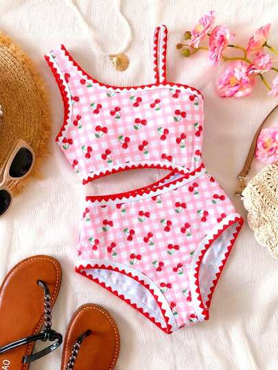SHEIN Teen Girl Sweet Girly Cherry Print Plaid One-Piece Swimsuit With Contrast Trim And Shell Embroidery, Fashionable For Summer Vacation, Beach And Seaside