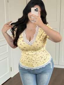 Vibekara Plus Size Women's V-Neck Floral Patchwork Ruffle Short Sleeve Fitted Elegant Vintage Sexy Cute Party T-Shirt, Spring/Summer - Pale Yellow - View 1