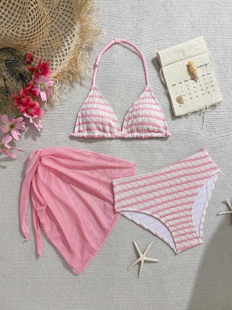 SHEIN Conjunto de bikini de 3 piezas para adolescentes, top triangular de halter floral negro, Bottom triangular, pareo, traje de baño elegante y casual adecuado para nadar, vacaciones, verano - Rosa - Ver 1