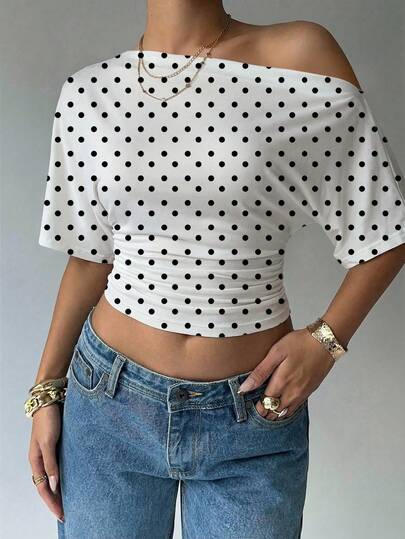 Aloruh Women's Polka Dot Ruched Asymmetric Neck Casual Versatile Daily Wear T-Shirt
