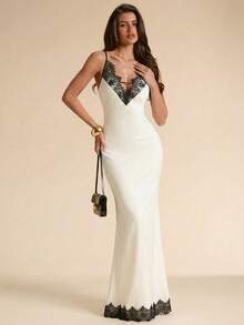 SHEIN BAE Đầm ngắn ren đen dành cho nữ, đầm đen, đầm thanh lịch, đầm dự tiệc, đầm đi nghỉ mát. - Đen và trắng - Xem 1