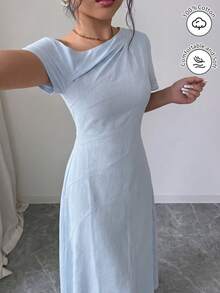 Modelyn Elegant Asymmetric Neck Short Sleeve Baby Blue Cotton Fitted Flared Dress, Fashionable For Summer Tea Party - Baby Blue - View 5