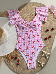 Swim Mod Women's Sweetheart Neck Plaid & Cherry Print One-Piece Swimsuit - Multicolor - View 2