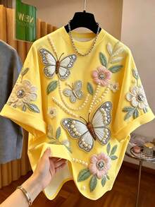 Franclia Plus Size Women Versatile Butterfly & Flower Short Sleeve Casual T-Shirt - Yellow - View 1