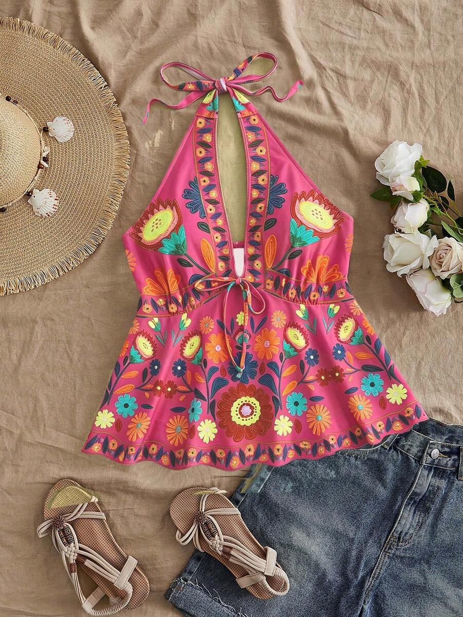 SHEIN VCAY Áo ngủ babydoll hở lưng gợi cảm in hoa dành cho nữ cỡ lớn, thích hợp cho bãi biển và kỳ nghỉ. - Nhiều màu - Xem 1