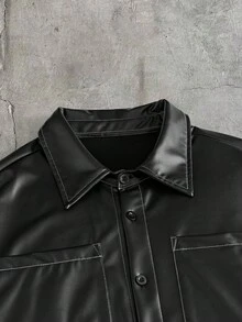 AXEPEAK Men's Solid Color PU Leather Short Sleeve Shirt And Shorts Set - Black - View 7