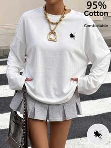 Muchica Women's Casual Loose Fit Knight Print Drop Shoulder Long Sleeve T-Shirt - White - View 7