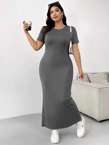 SHEIN EZwear 大码女式夏季纯色圆领短袖不对称下摆休闲连衣裙，深灰色 - 深灰色 - 查看 1