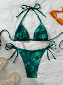 Swim Vcay 女士性感随机印花挂脖系带比基尼套装，夏季 - 墨綠色 - 查看 2